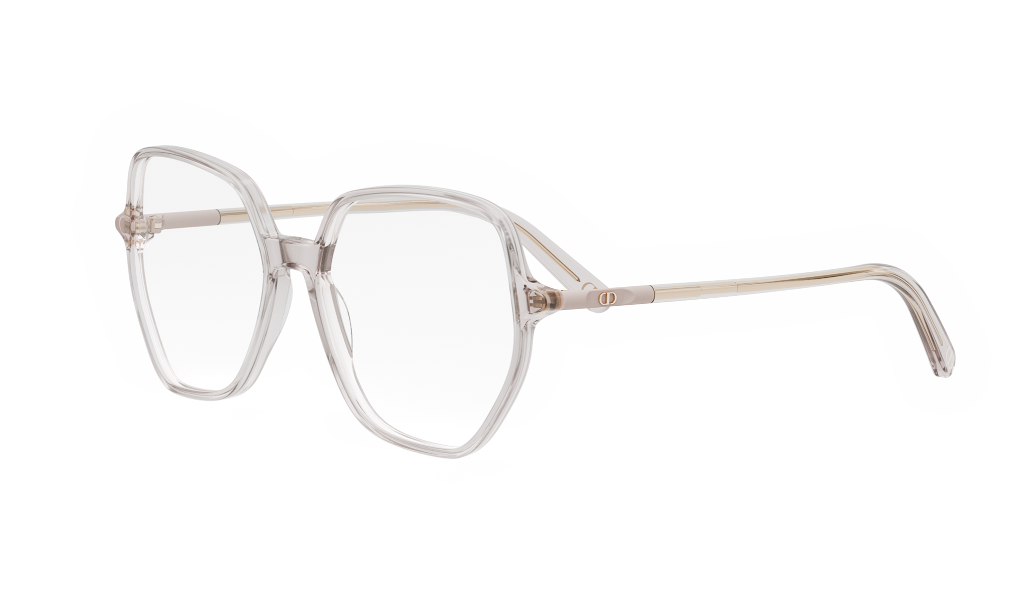 A pair of clear, rectangular-framed glasses with a gold-colored metal frame.