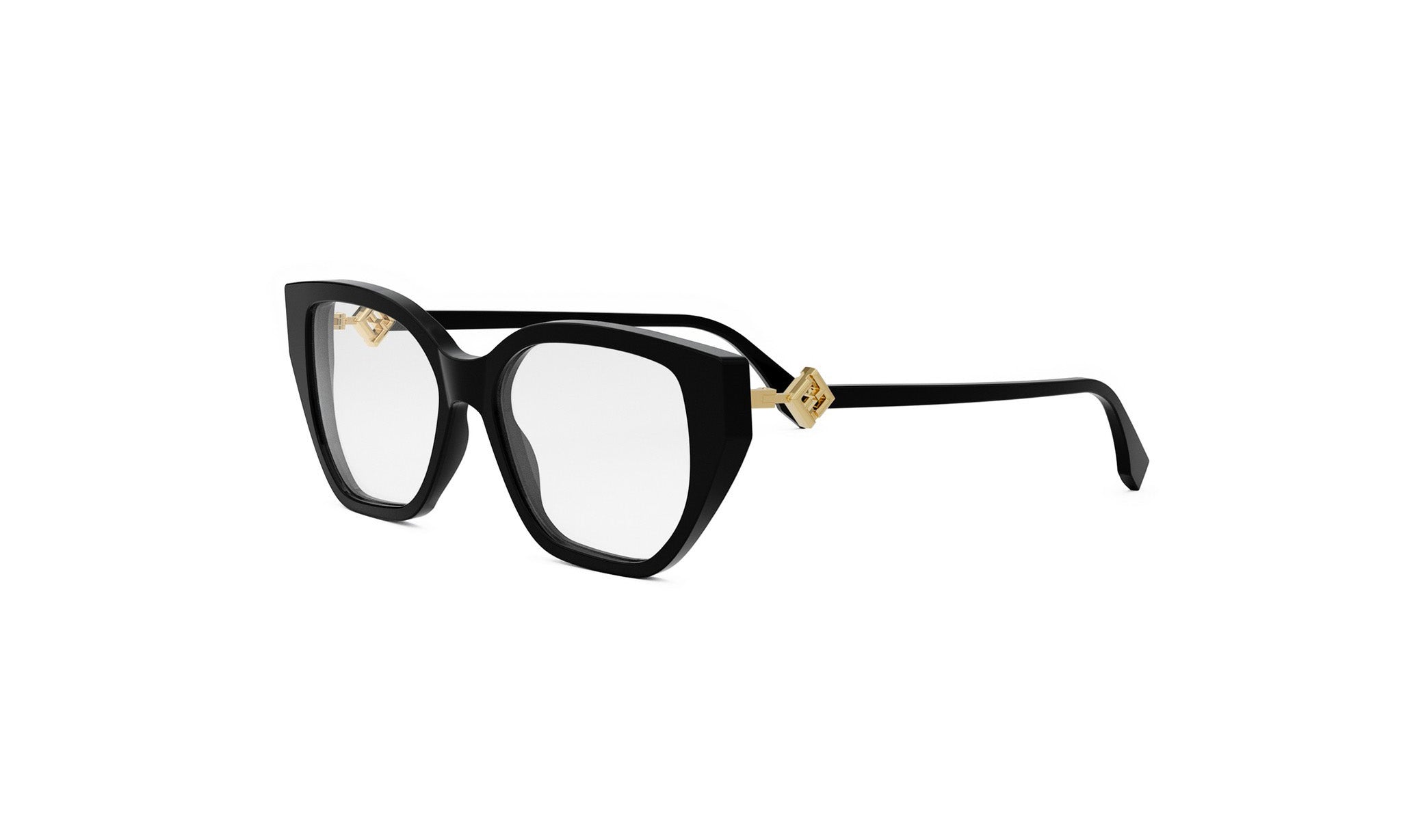 A pair of black cat-eye framed glasses with gold accents.