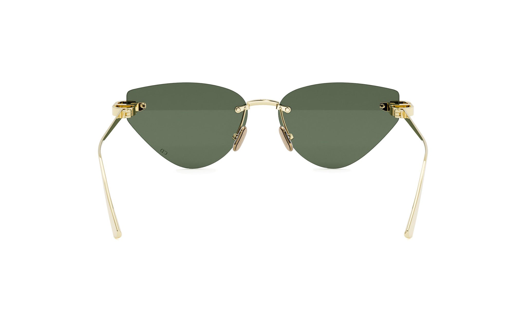 A pair of gold-colored sunglasses with dark green lenses.