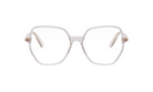 A pair of clear, modern-looking glasses with a unique, hexagonal frame design.