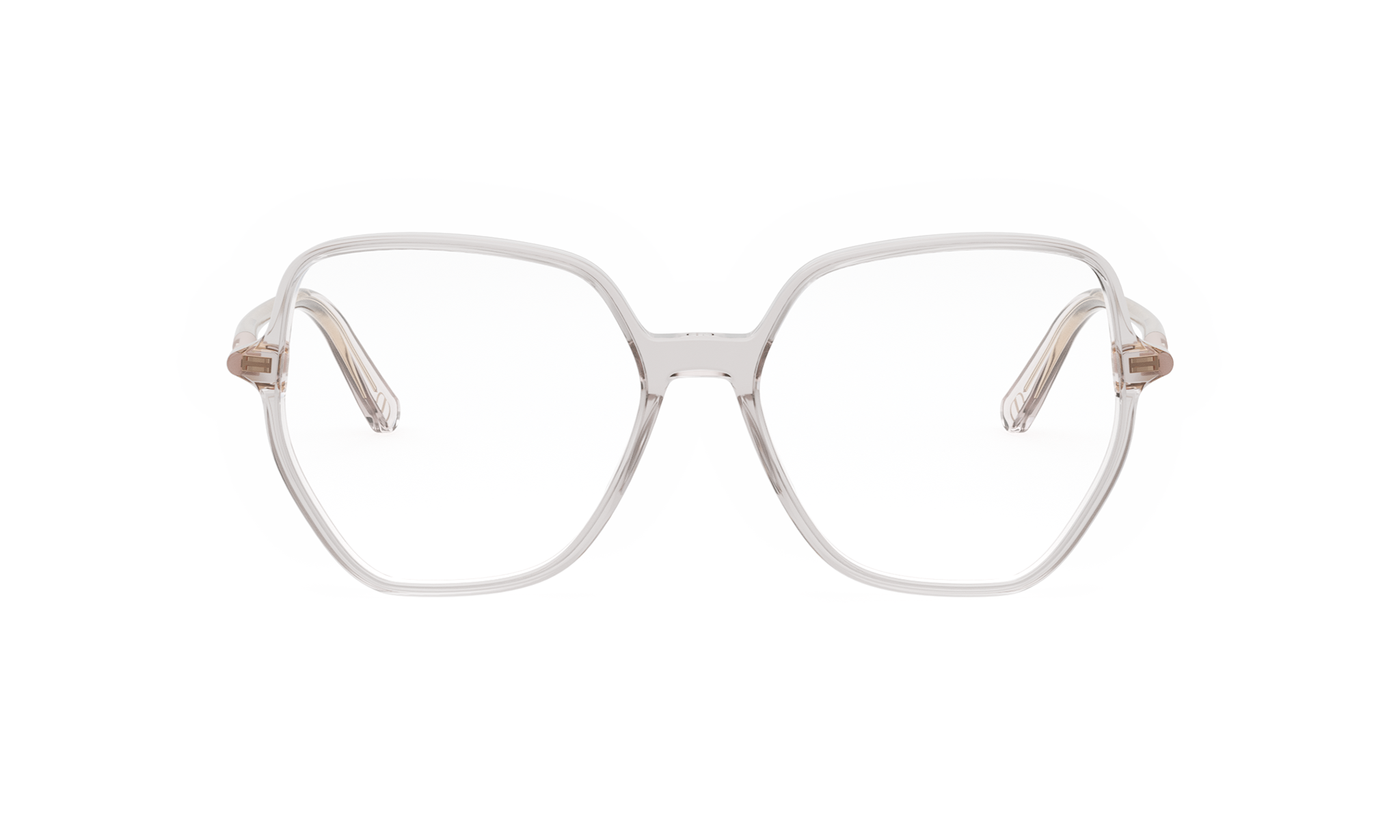A pair of clear, modern-looking glasses with a unique, hexagonal frame design.