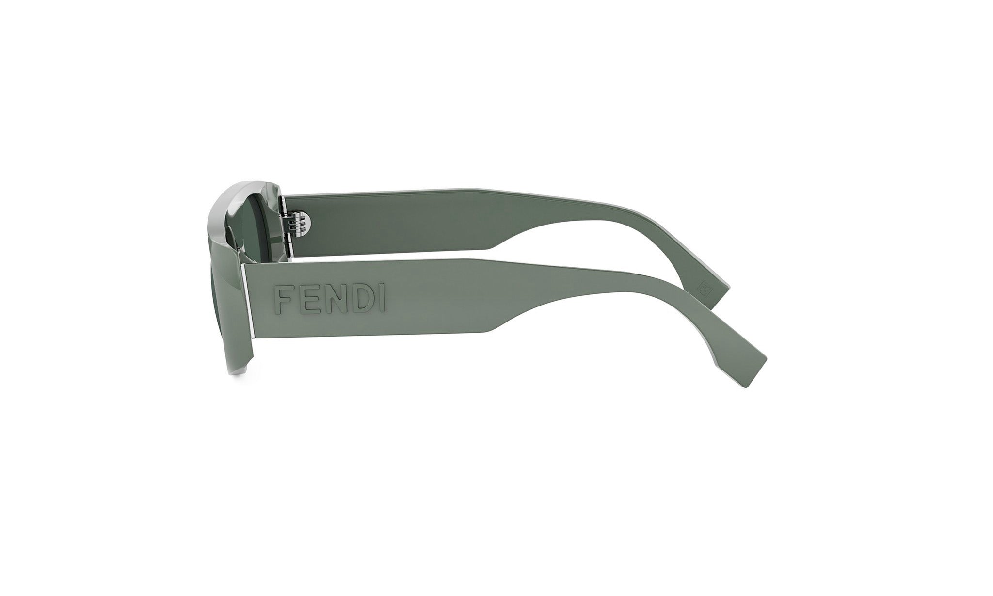 A pair of green Fendi sunglasses with the brand name visible on the frame.