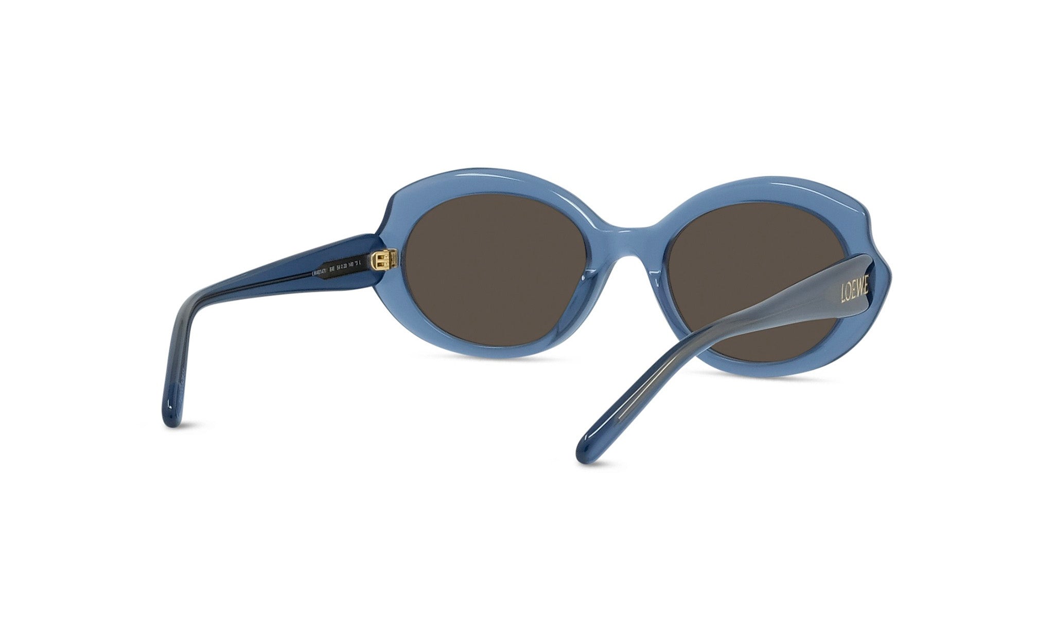 A pair of blue, round sunglasses with dark lenses.