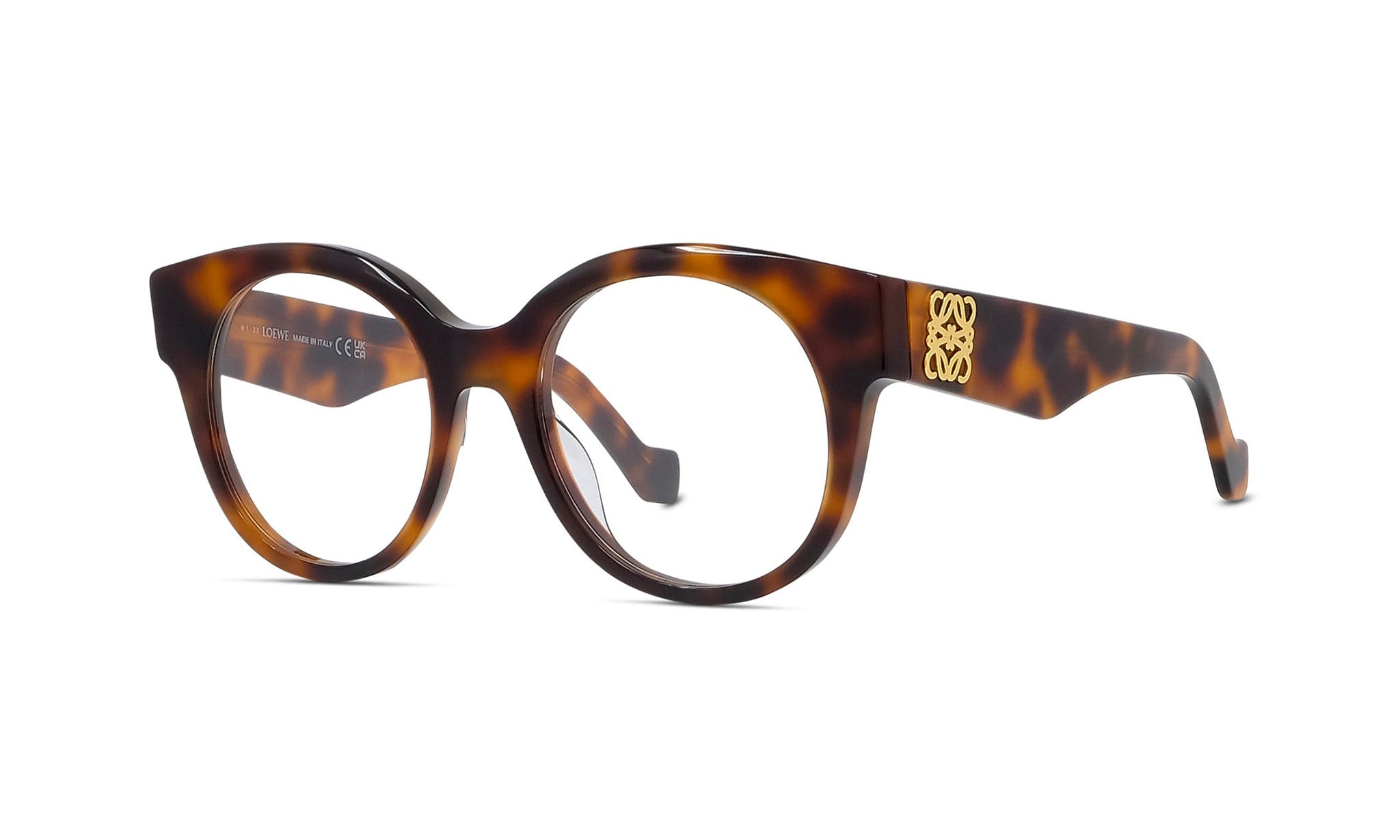 A pair of stylish tortoiseshell-framed glasses with a gold logo on the side.