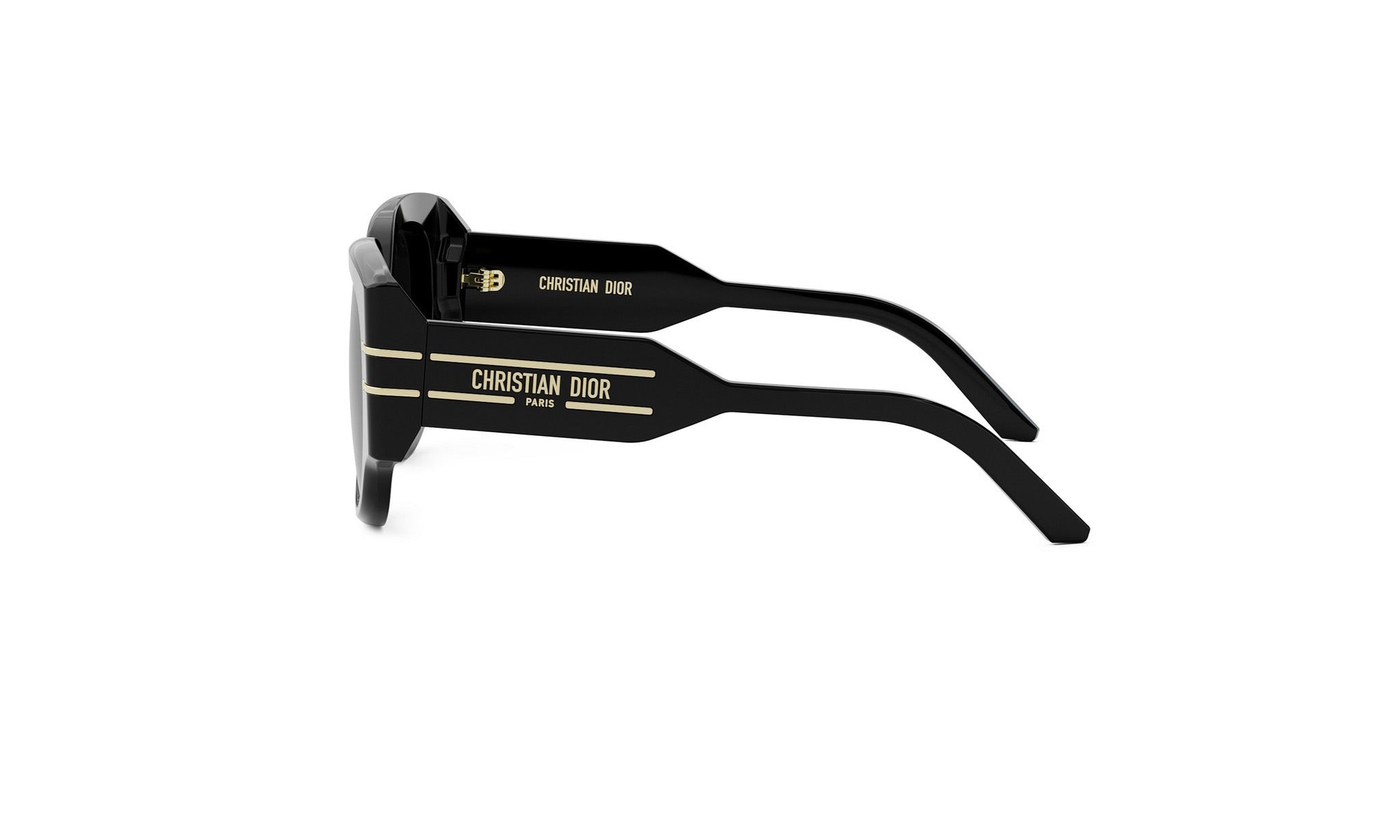 A pair of black Christian Dior sunglasses with gold accents.