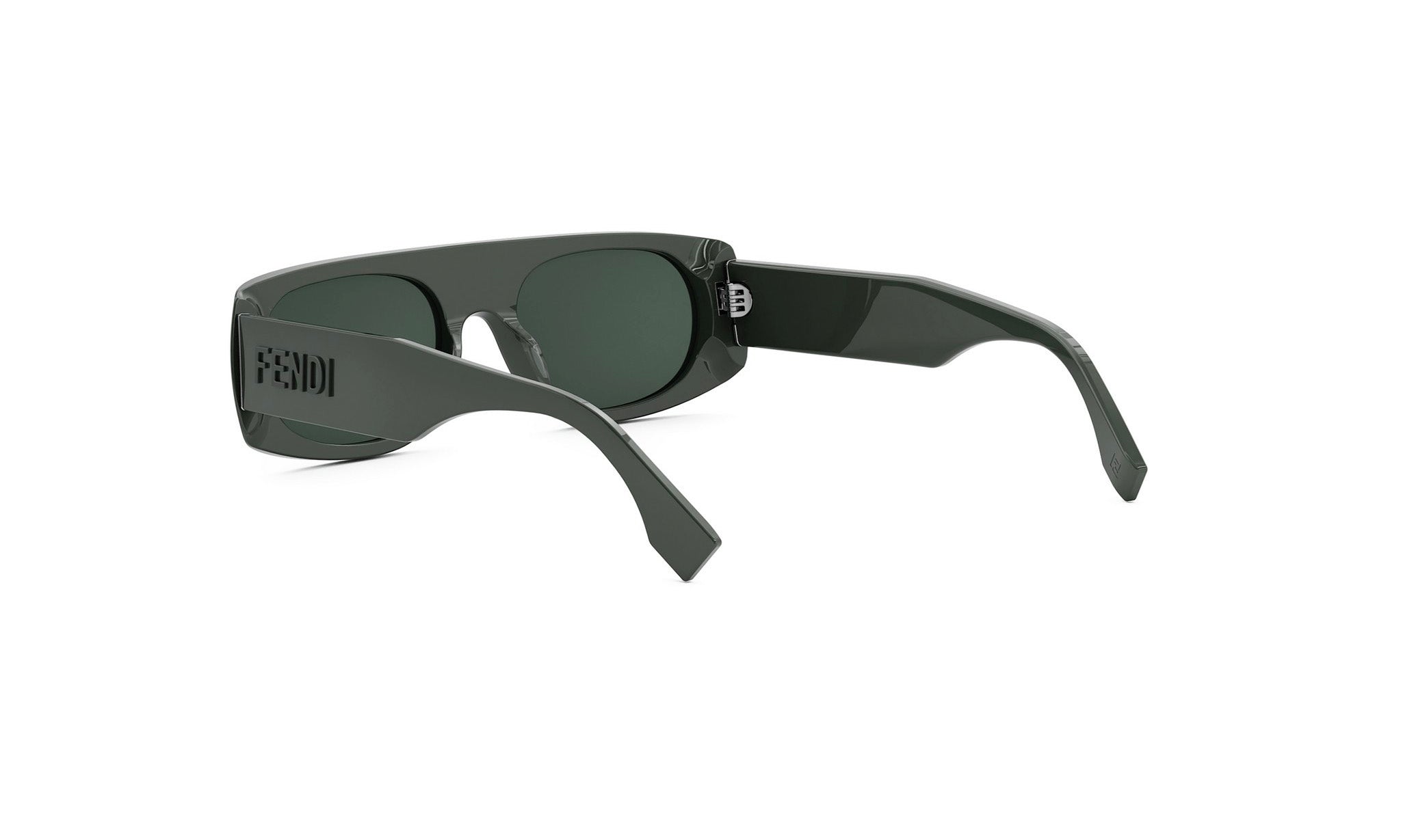 A pair of dark green sunglasses with a sleek, modern design.