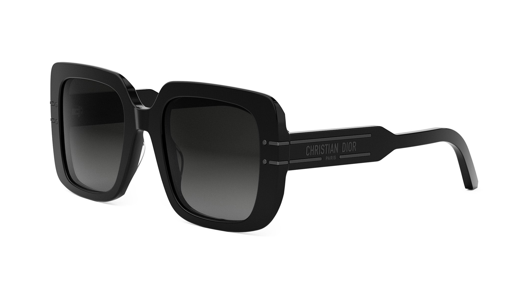 A pair of black sunglasses with the Christian Dior logo on the frame.