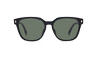 A pair of black sunglasses with dark green lenses.