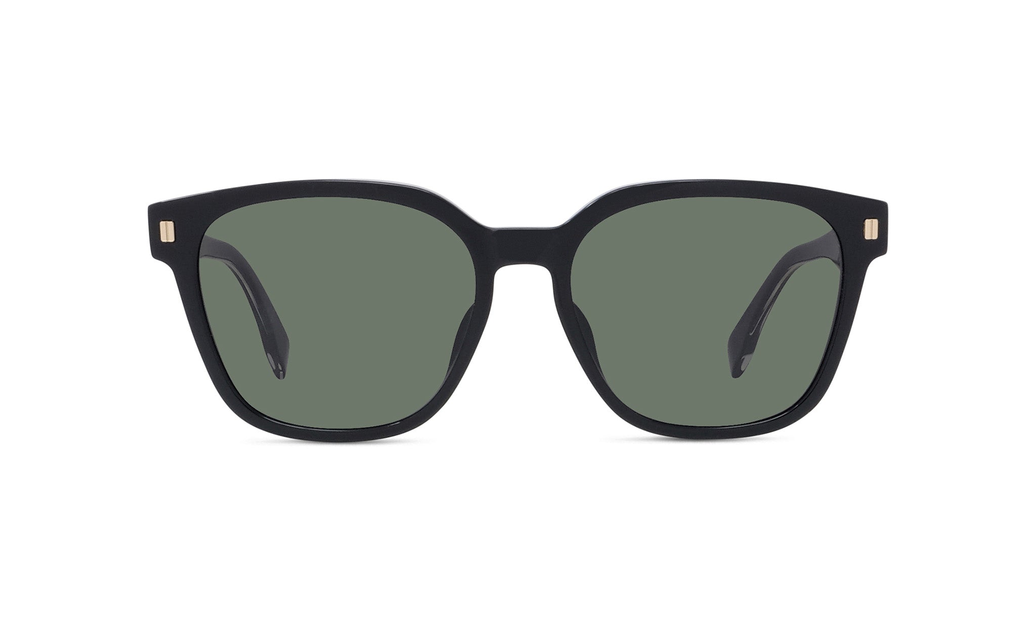 A pair of black sunglasses with dark green lenses.