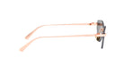 A pair of sunglasses with a pink frame and dark lenses.