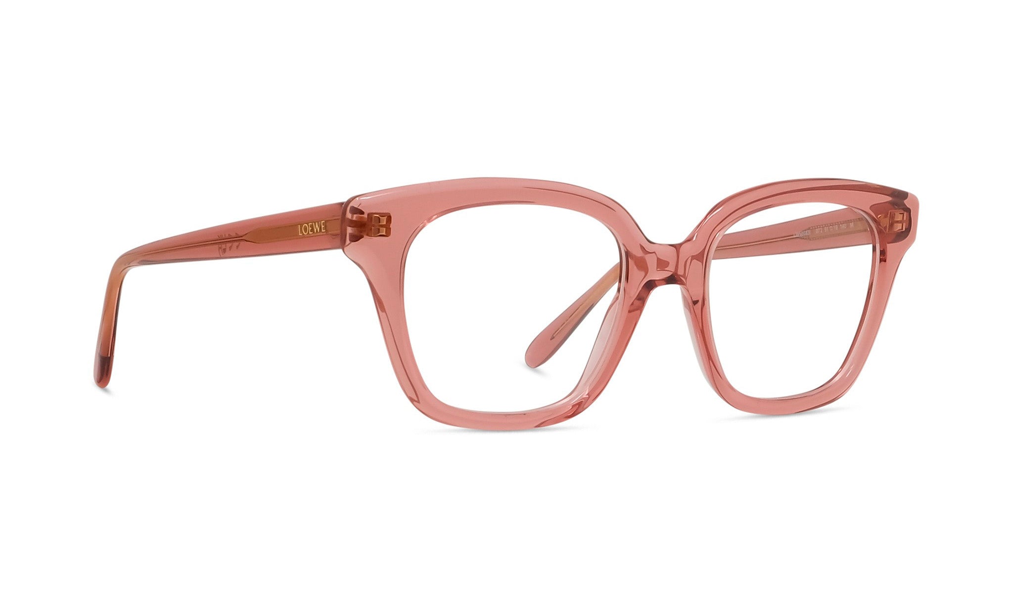 A pair of pink-framed glasses with a clear lens, displayed against a white background.