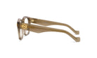 A pair of brown-framed glasses with a gold-colored logo on the temples.