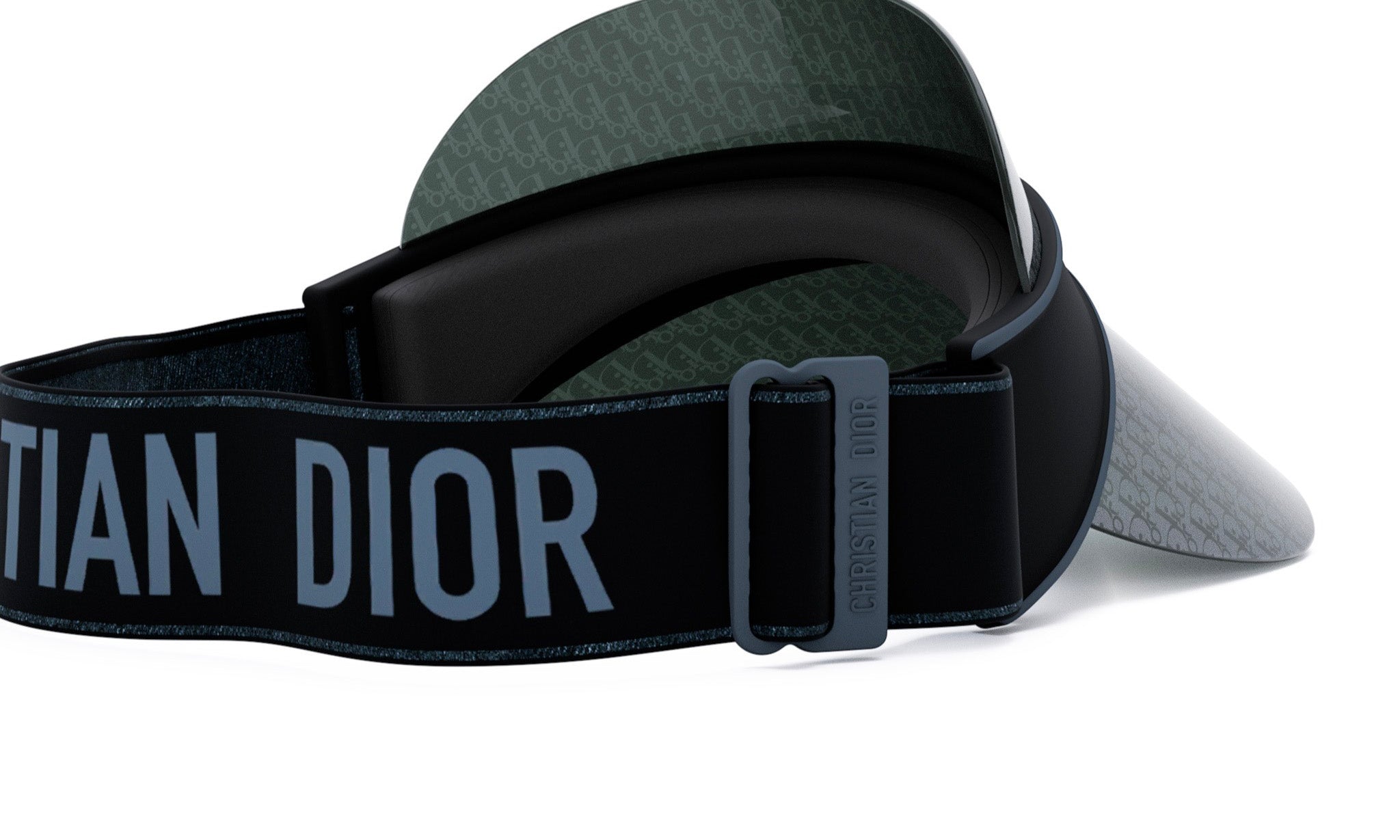 A black and gray Christian Dior sun visor with a black strap and a gray buckle.
