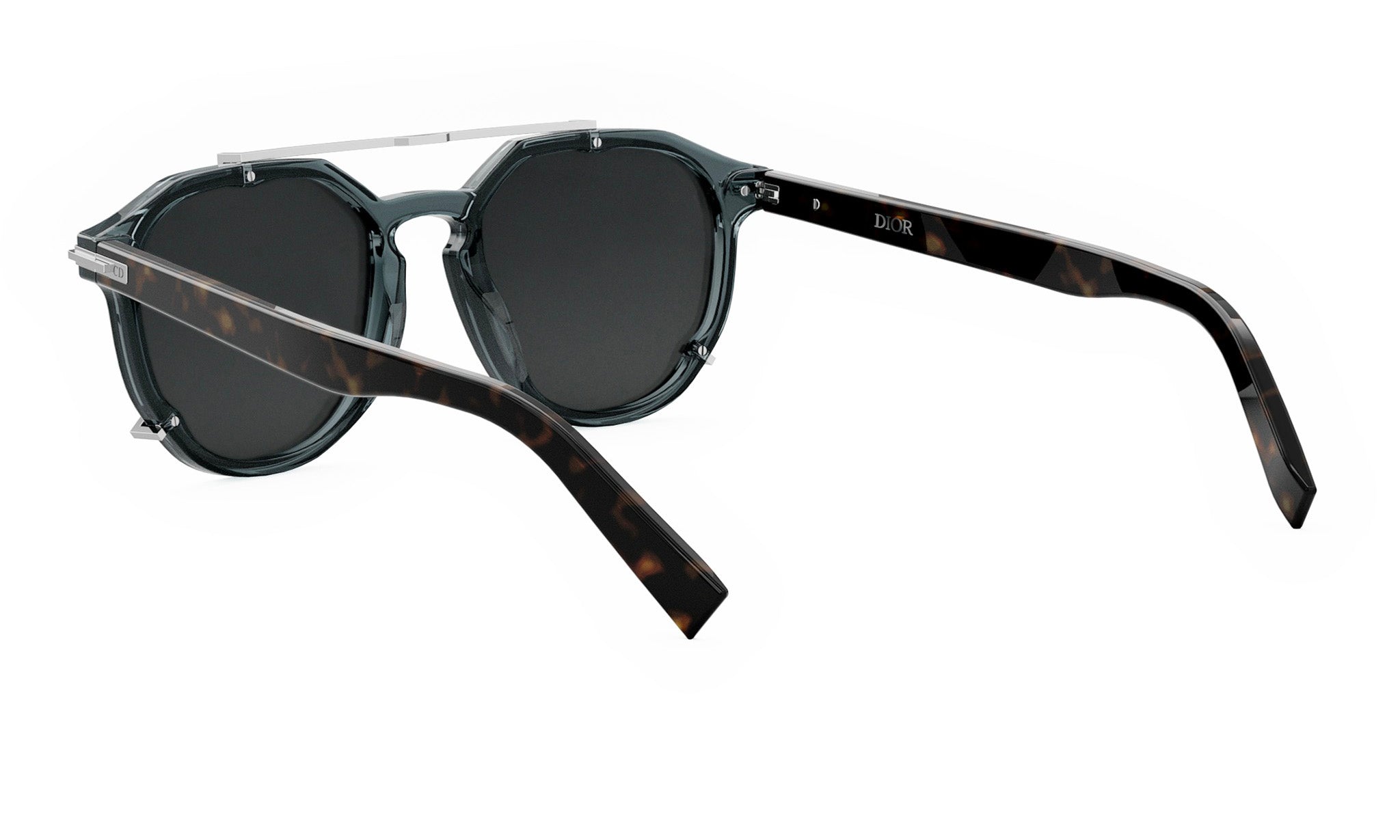 A pair of dark-framed sunglasses with a tortoiseshell pattern.