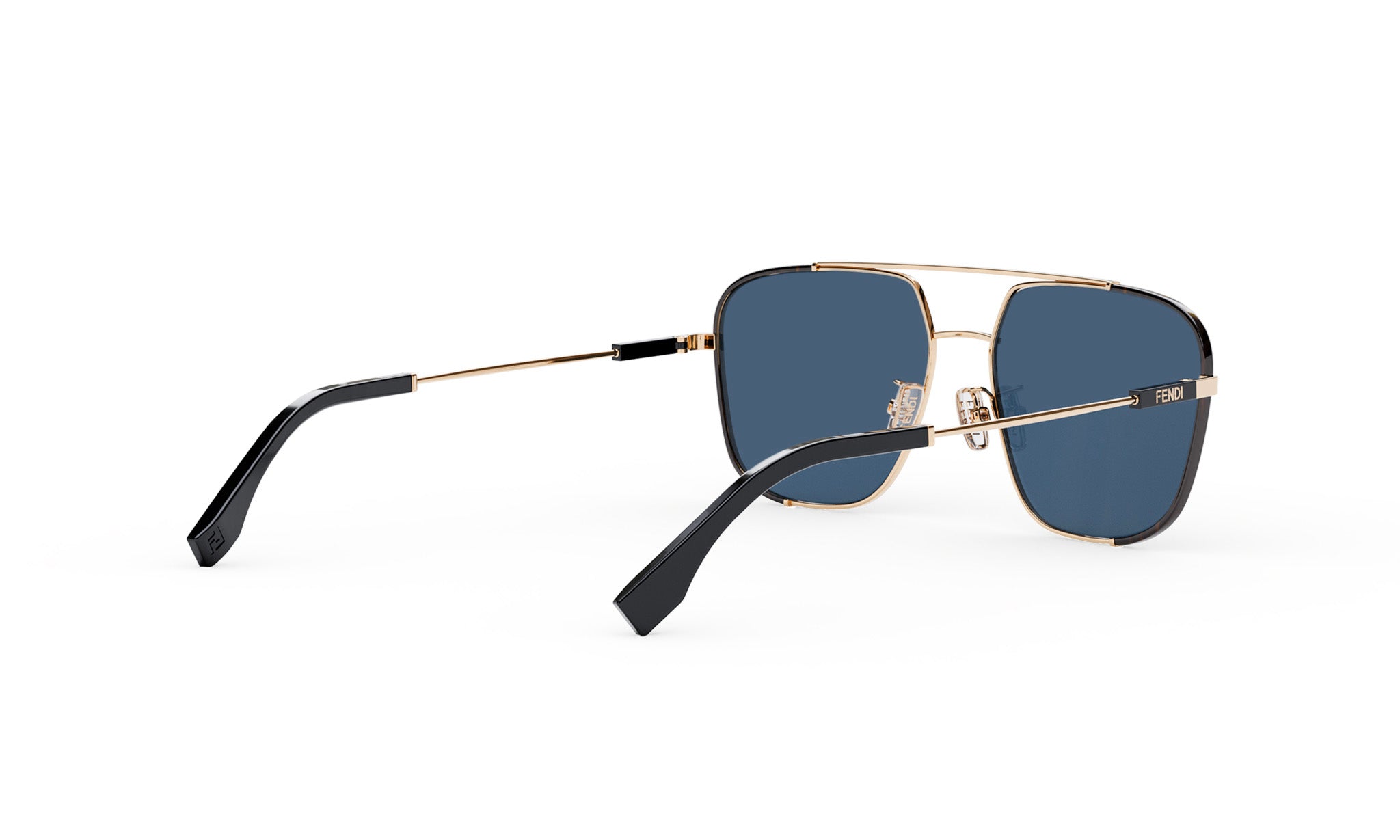 A pair of aviator sunglasses with dark blue lenses and gold-toned frames.
