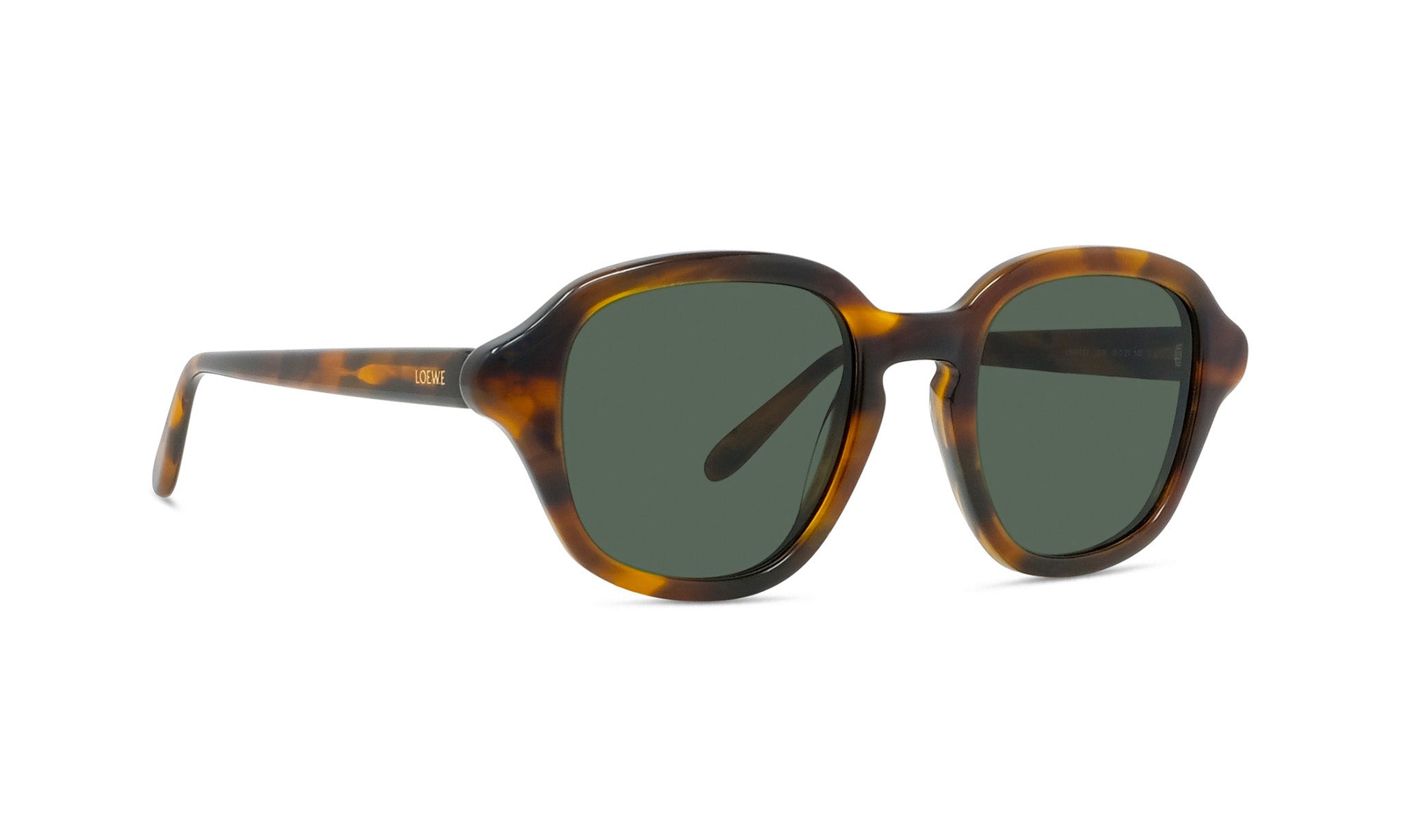 A pair of tortoiseshell sunglasses with dark green lenses.