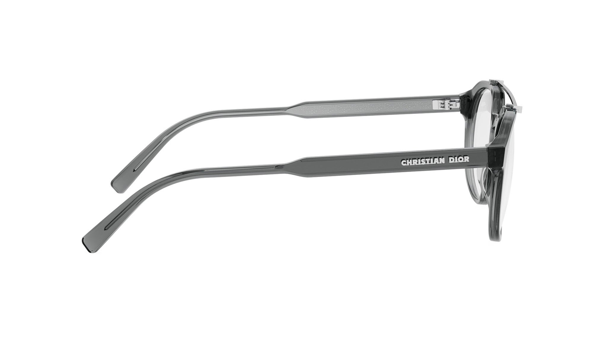 A pair of black-framed glasses with the brand name "Christian Dior" printed on the side.