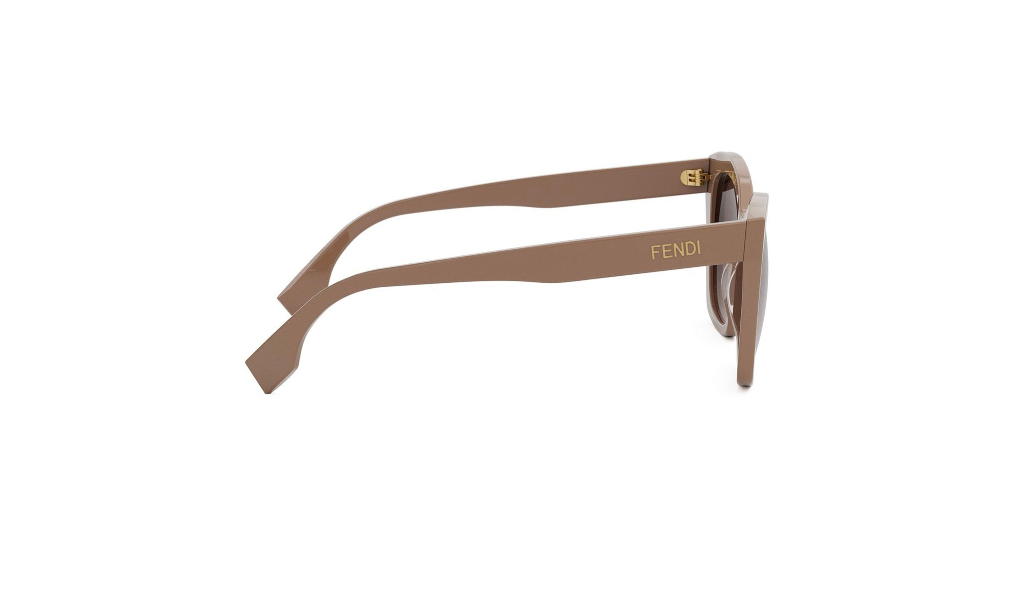 A pair of tan-colored sunglasses with the Fendi logo on the frame.