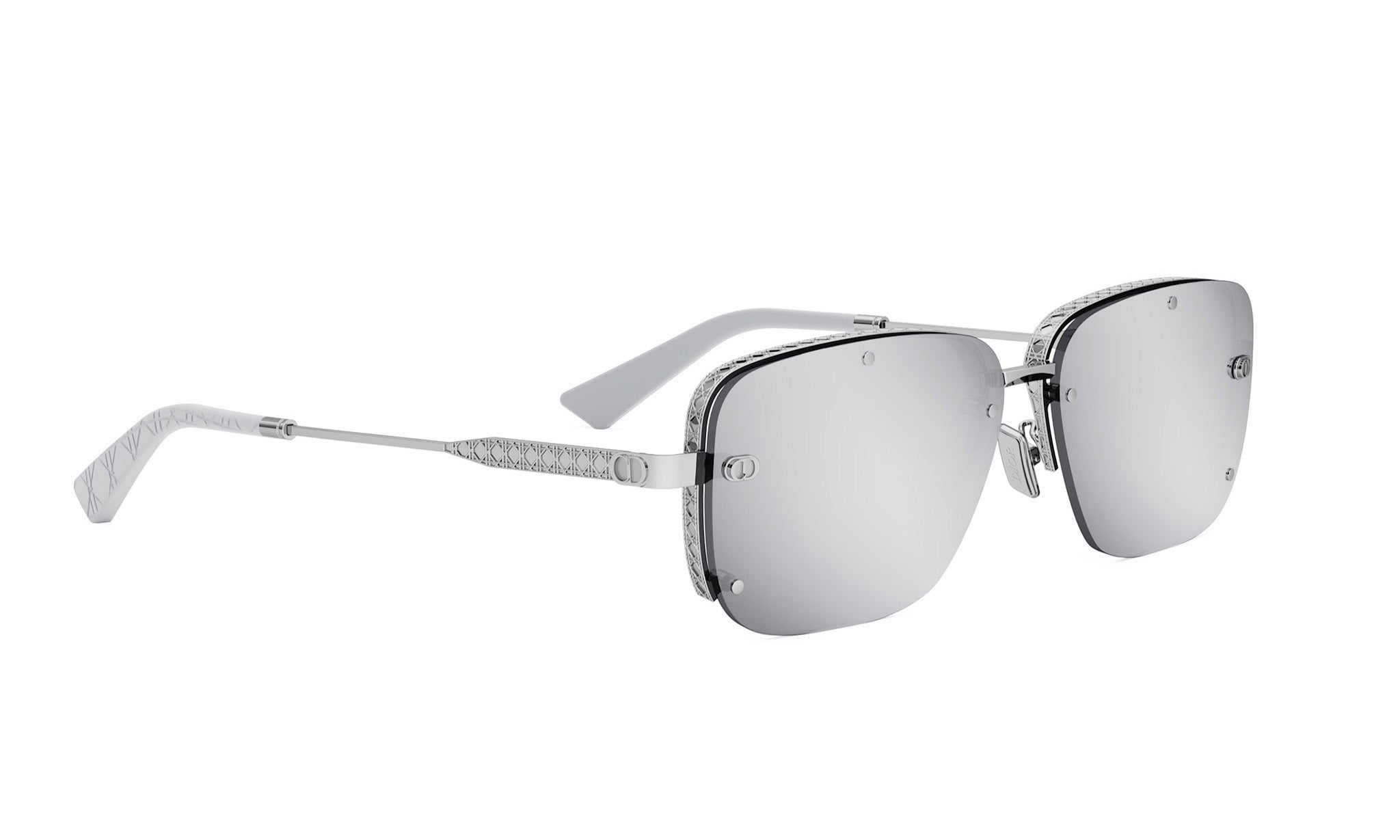 A pair of silver-framed sunglasses with a sleek, modern design.