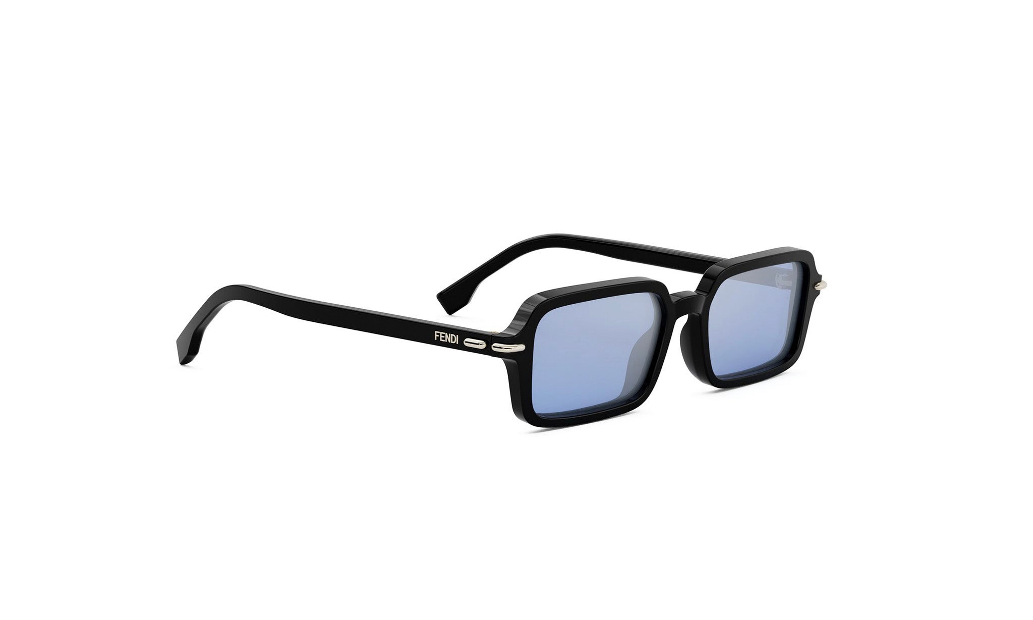A pair of black square-framed sunglasses with blue lenses.