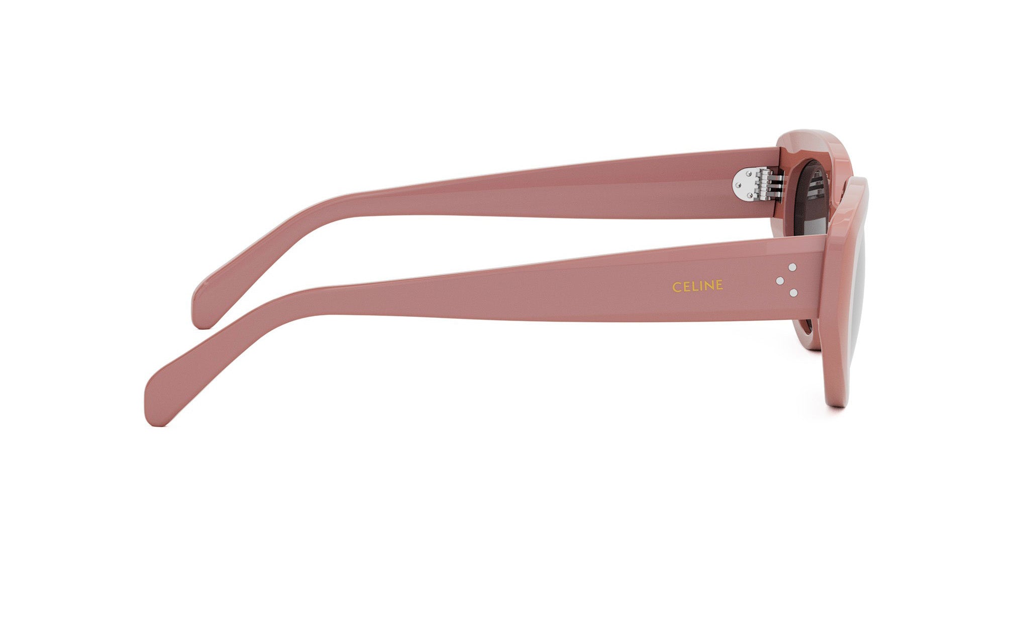A pair of pink sunglasses with the Celine logo on the frame.