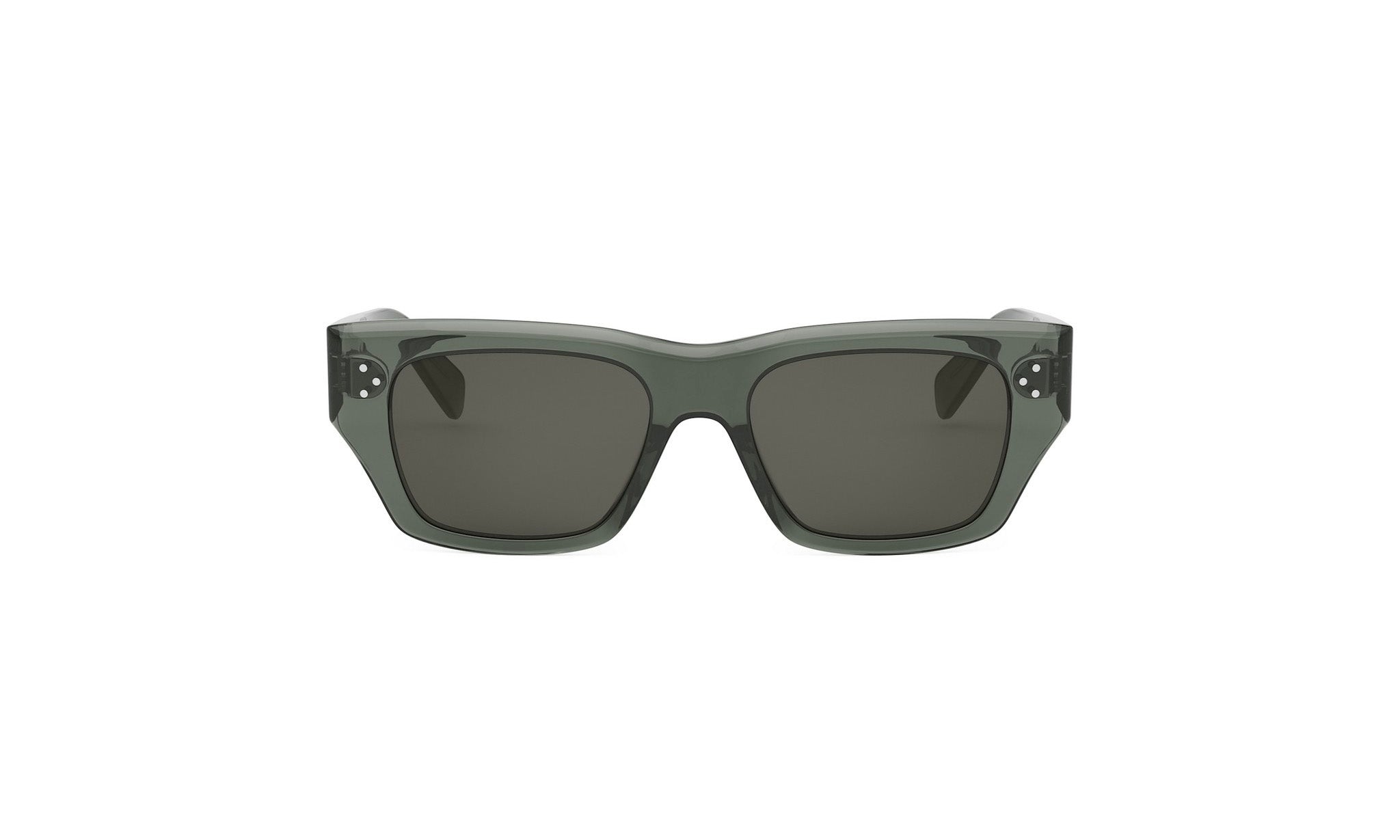 A pair of dark green sunglasses with dark lenses.