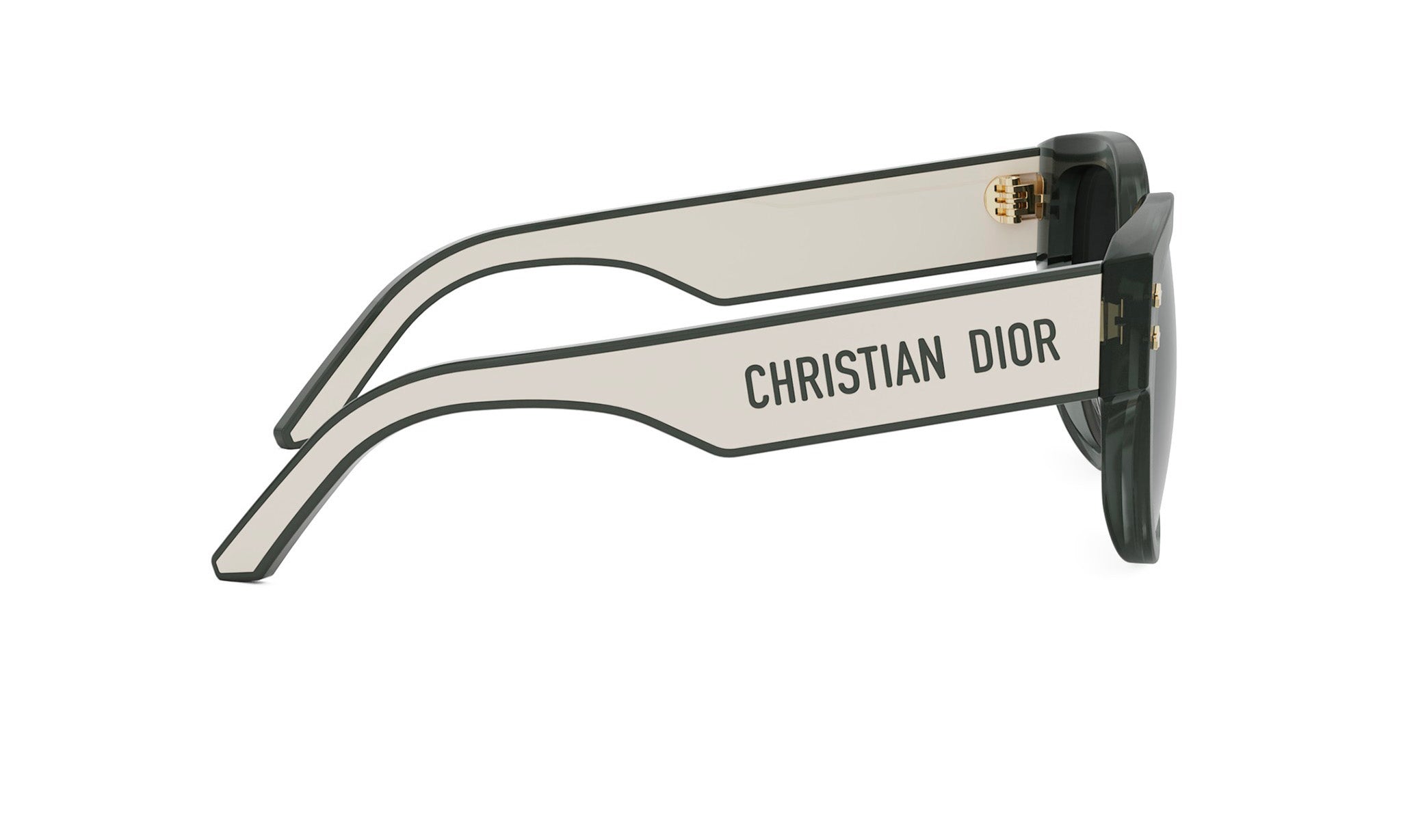 A pair of Christian Dior sunglasses with a black frame and white temples.