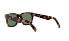 A pair of sunglasses with a tortoiseshell frame and green lenses.