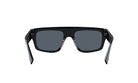 A pair of black sunglasses with dark lenses.