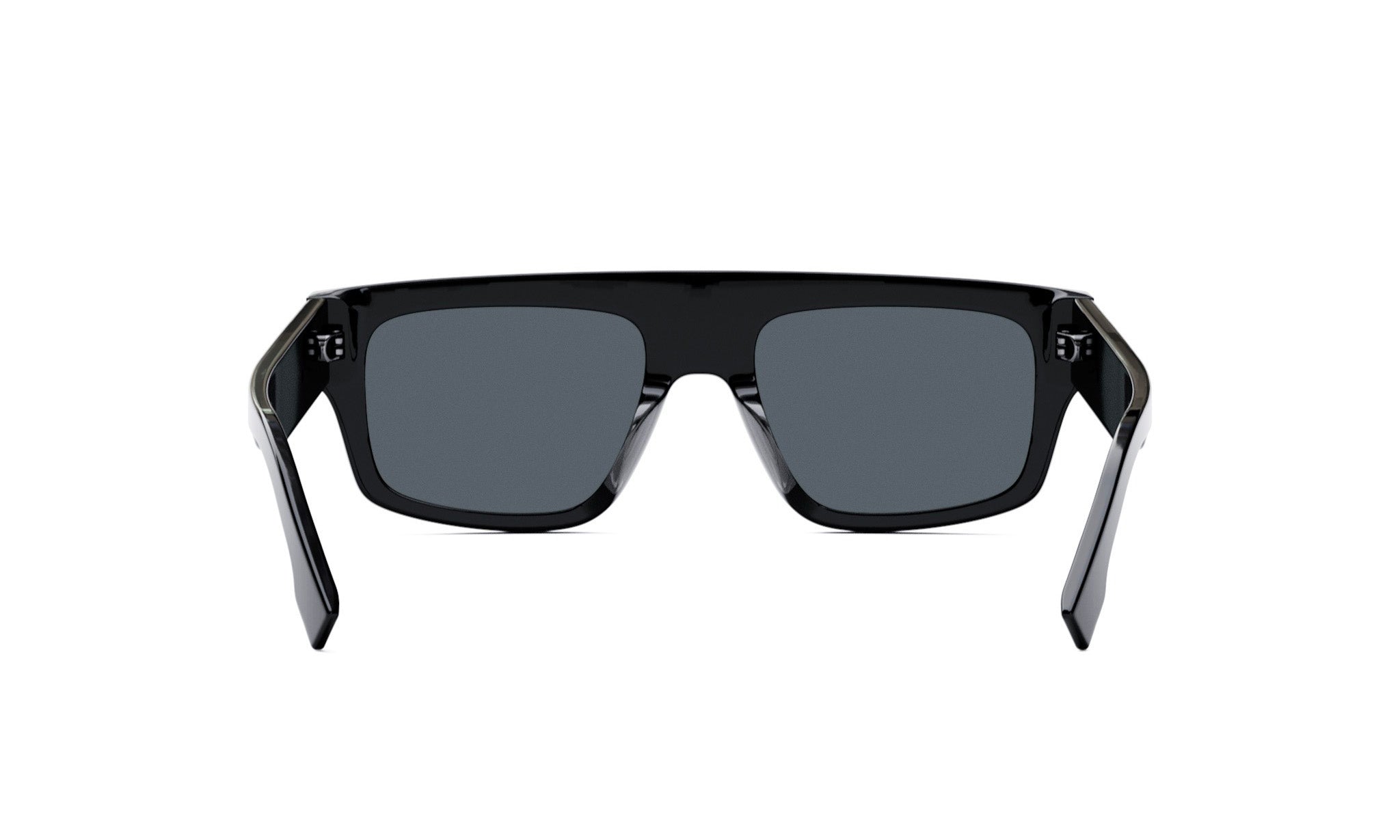 A pair of black sunglasses with dark lenses.