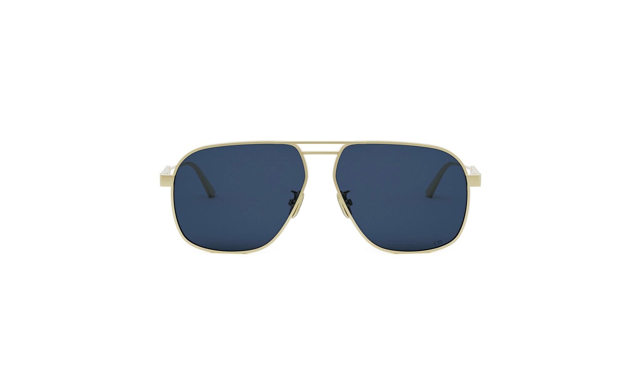 A pair of gold-framed sunglasses with dark blue lenses.
