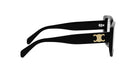 A pair of black sunglasses with a gold C logo on the frame.