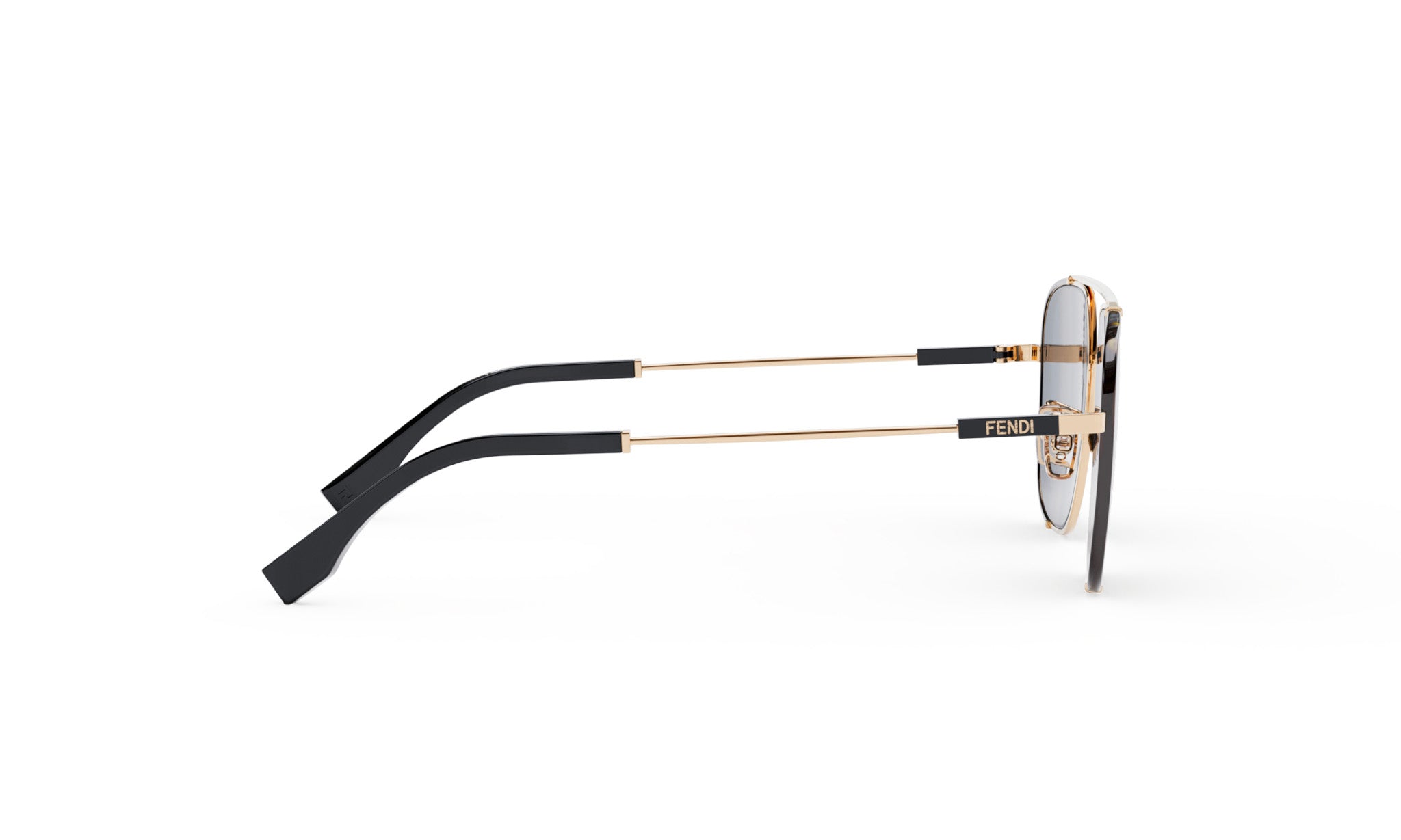 A pair of Fendi sunglasses with gold-colored metal arms and black frames.