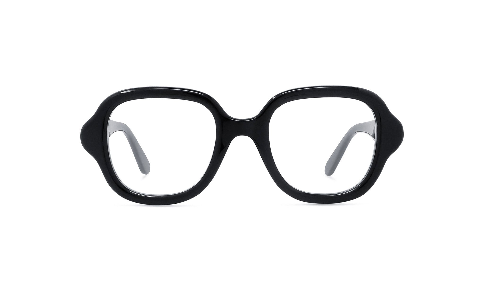 A pair of black-framed glasses with clear lenses.