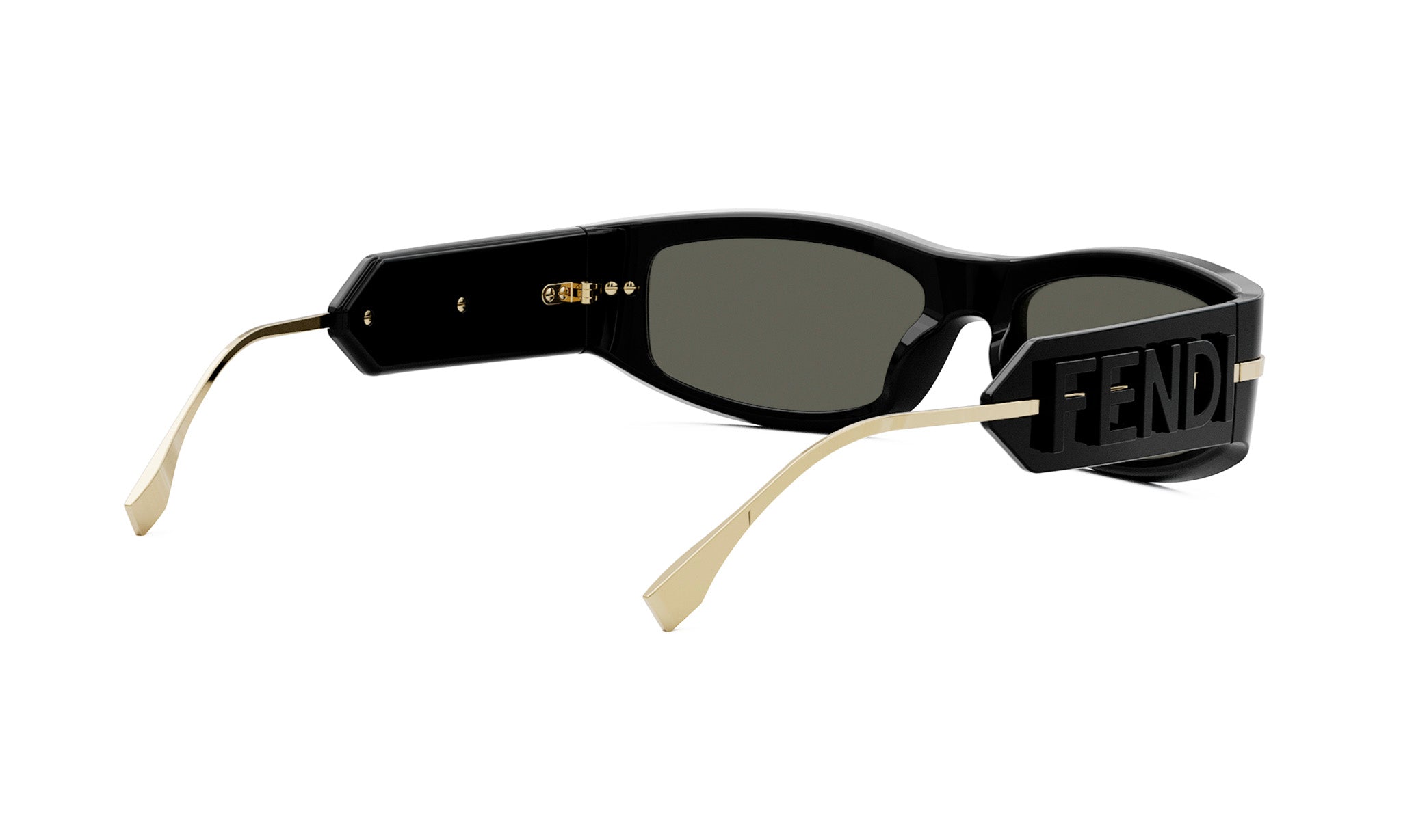 A pair of black sunglasses with gold accents and the Fendi logo on the frame.