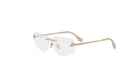 A pair of clear rimmed glasses with a gold frame.