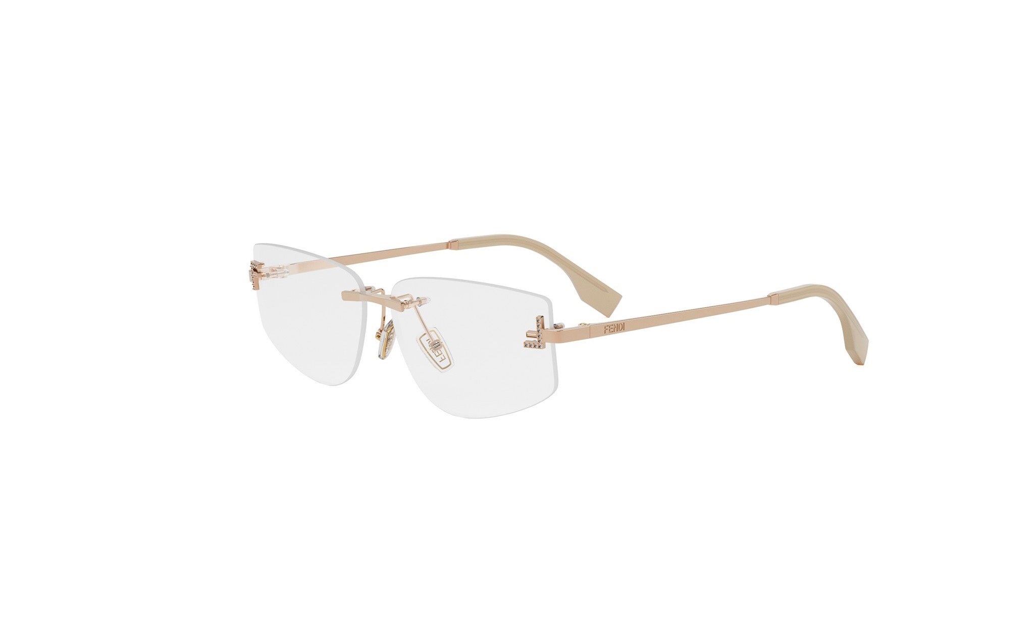 A pair of clear rimmed glasses with a gold frame.