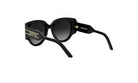 A pair of black sunglasses with gold text and logo on the frame.