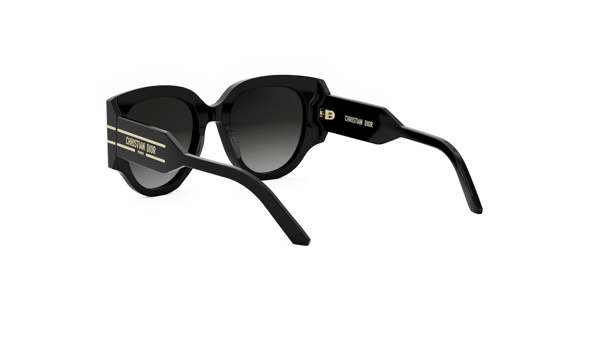 A pair of black sunglasses with gold text and logo on the frame.