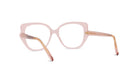 A pair of pink-framed glasses with gold-colored temples and nose tips.