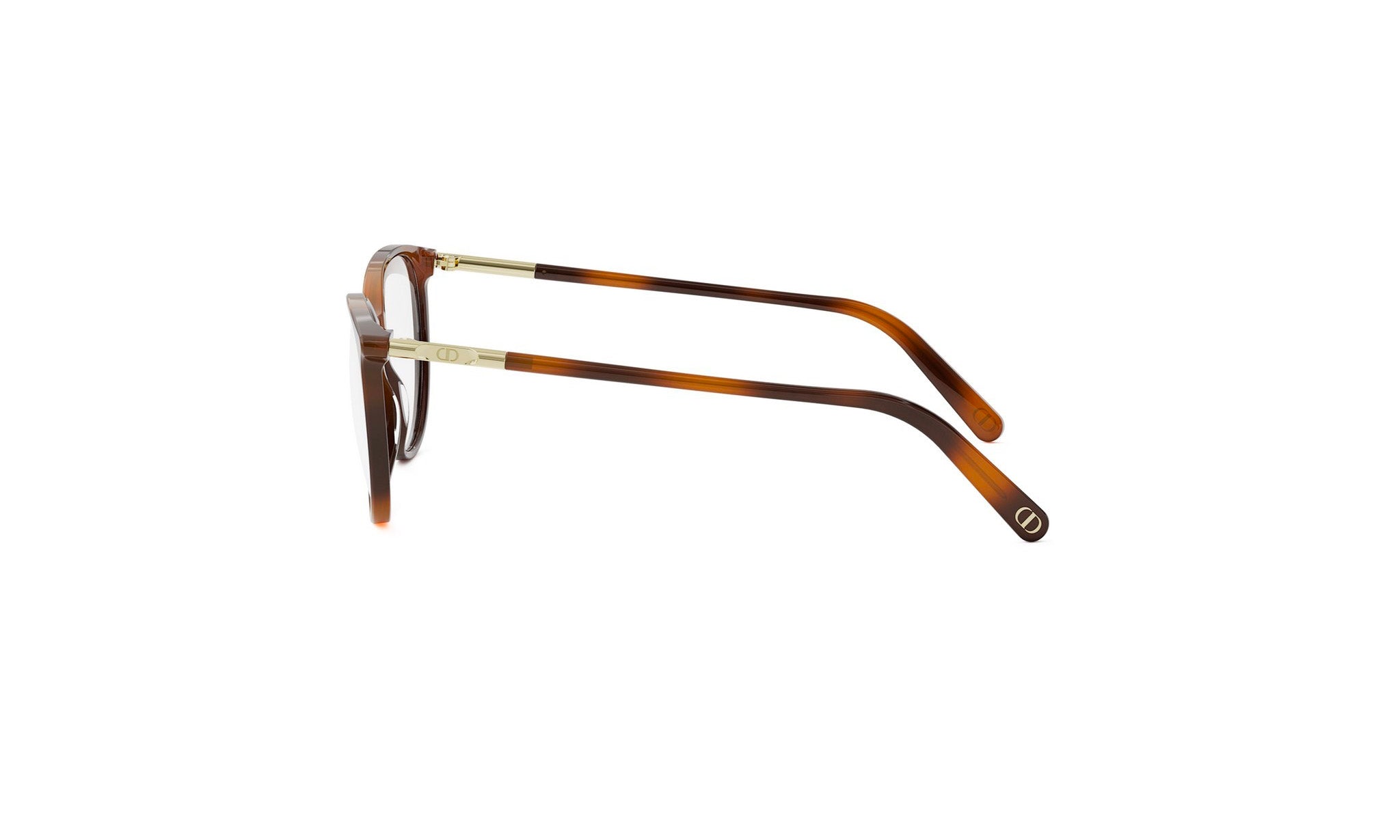 A pair of brown-framed glasses with gold accents, positioned side by side against a white background.
