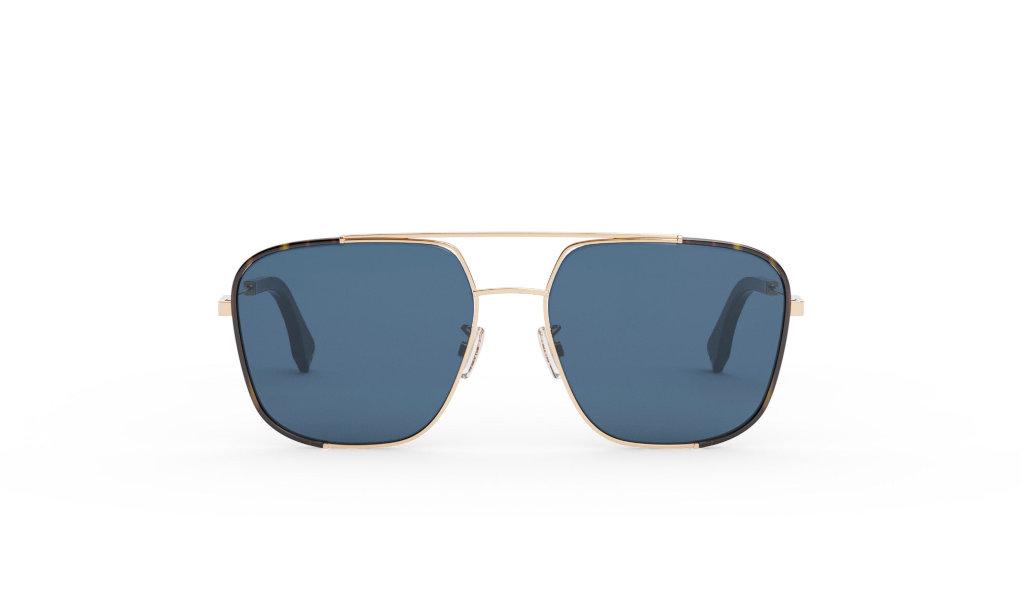 A pair of gold-framed sunglasses with dark blue lenses.