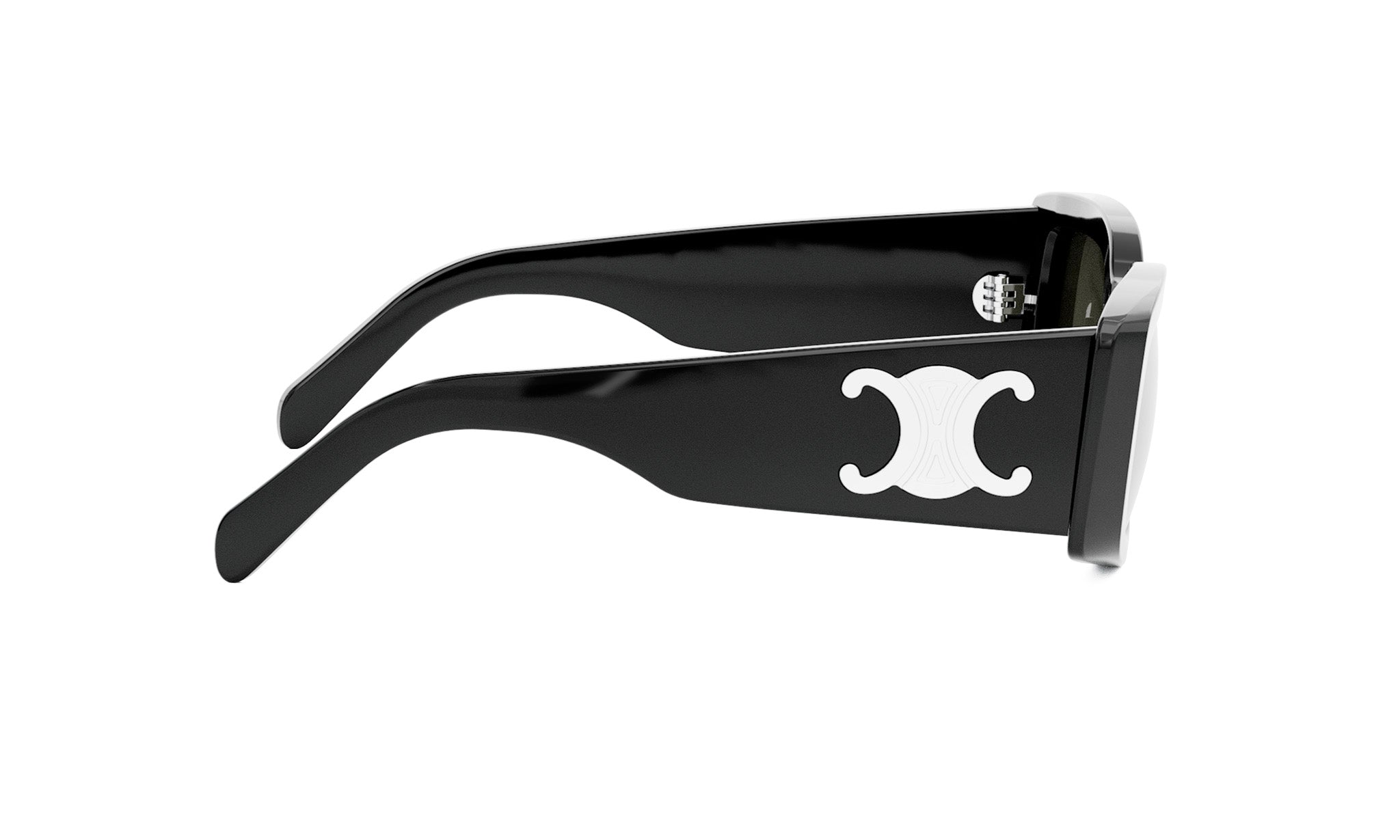A pair of black sunglasses with a white logo on the frame.