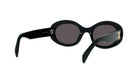 A pair of black sunglasses with dark lenses.