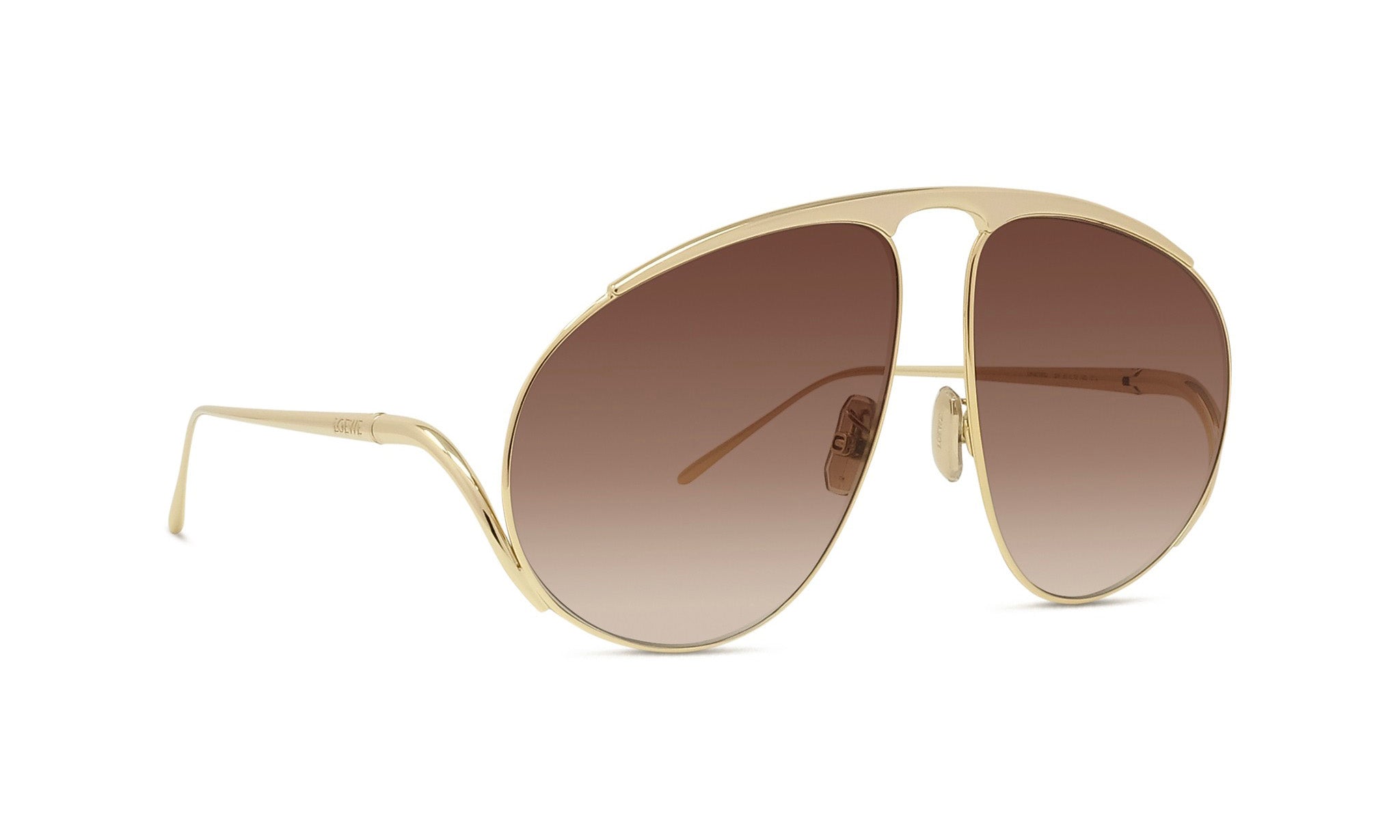 A pair of gold-colored sunglasses with a unique, avant-garde design.