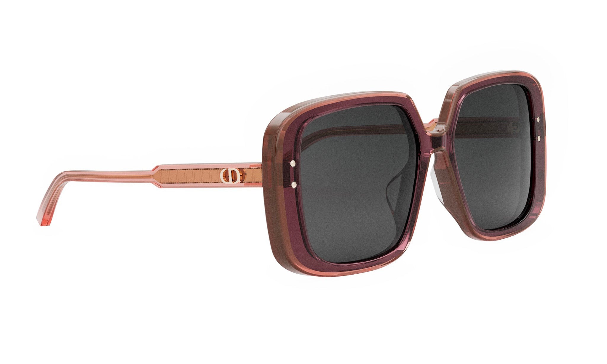 A pair of stylish sunglasses with dark lenses and a pink frame.