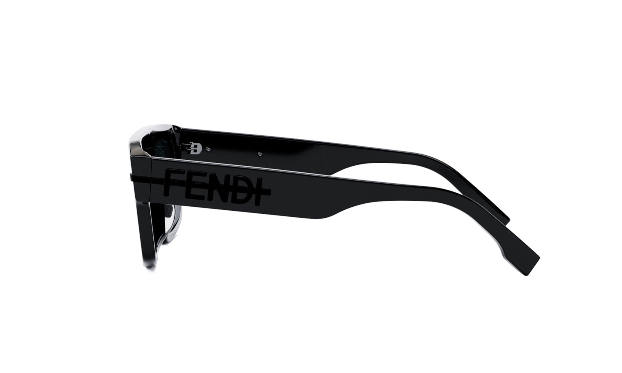 A pair of black sunglasses with the Fendi logo printed on the frame.