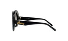 A pair of black sunglasses with gold text on the frame.