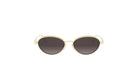 A pair of round sunglasses with dark lenses and a gold frame.