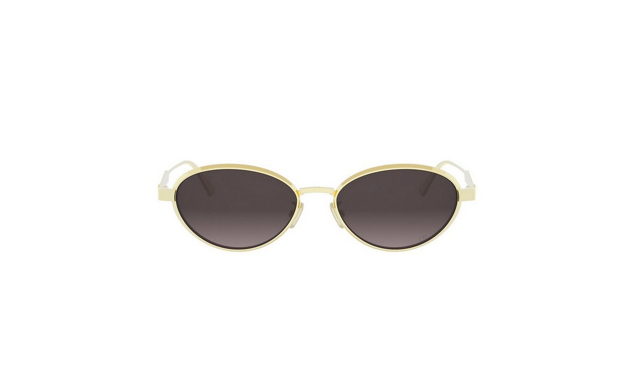A pair of round sunglasses with dark lenses and a gold frame.